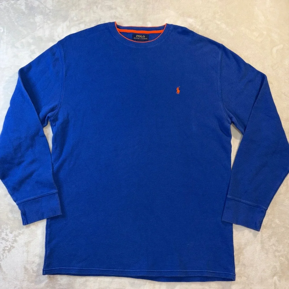 Polo Ralph Lauren Mens 2XL Royal Blue Orange Waffle Knit Thermal Long Sleeve Top